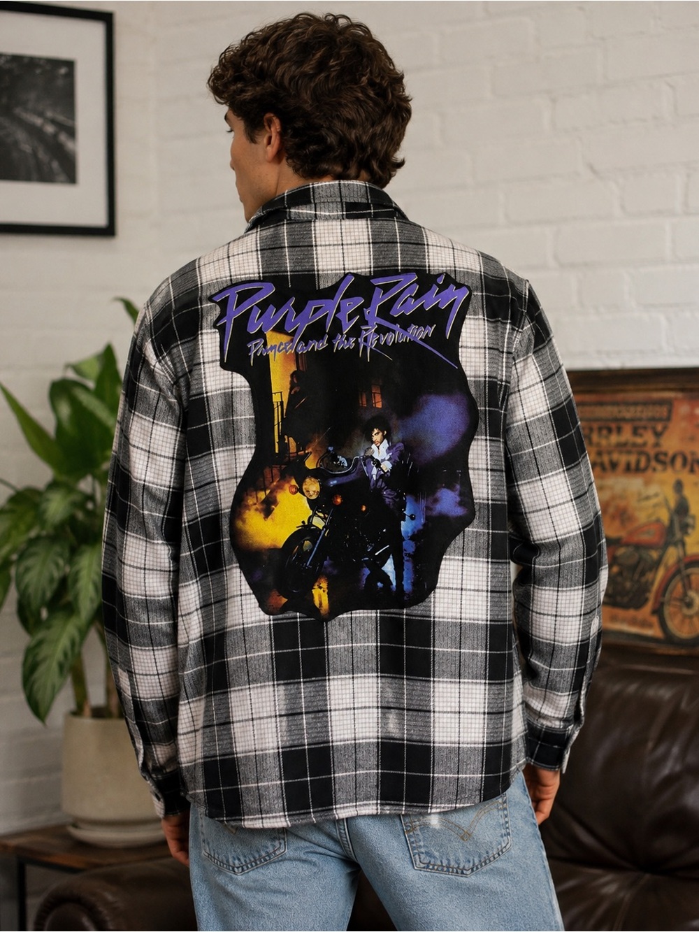 Black & White Plaid Lightweight Shirt Jacket with Purple Rain Back Graphic